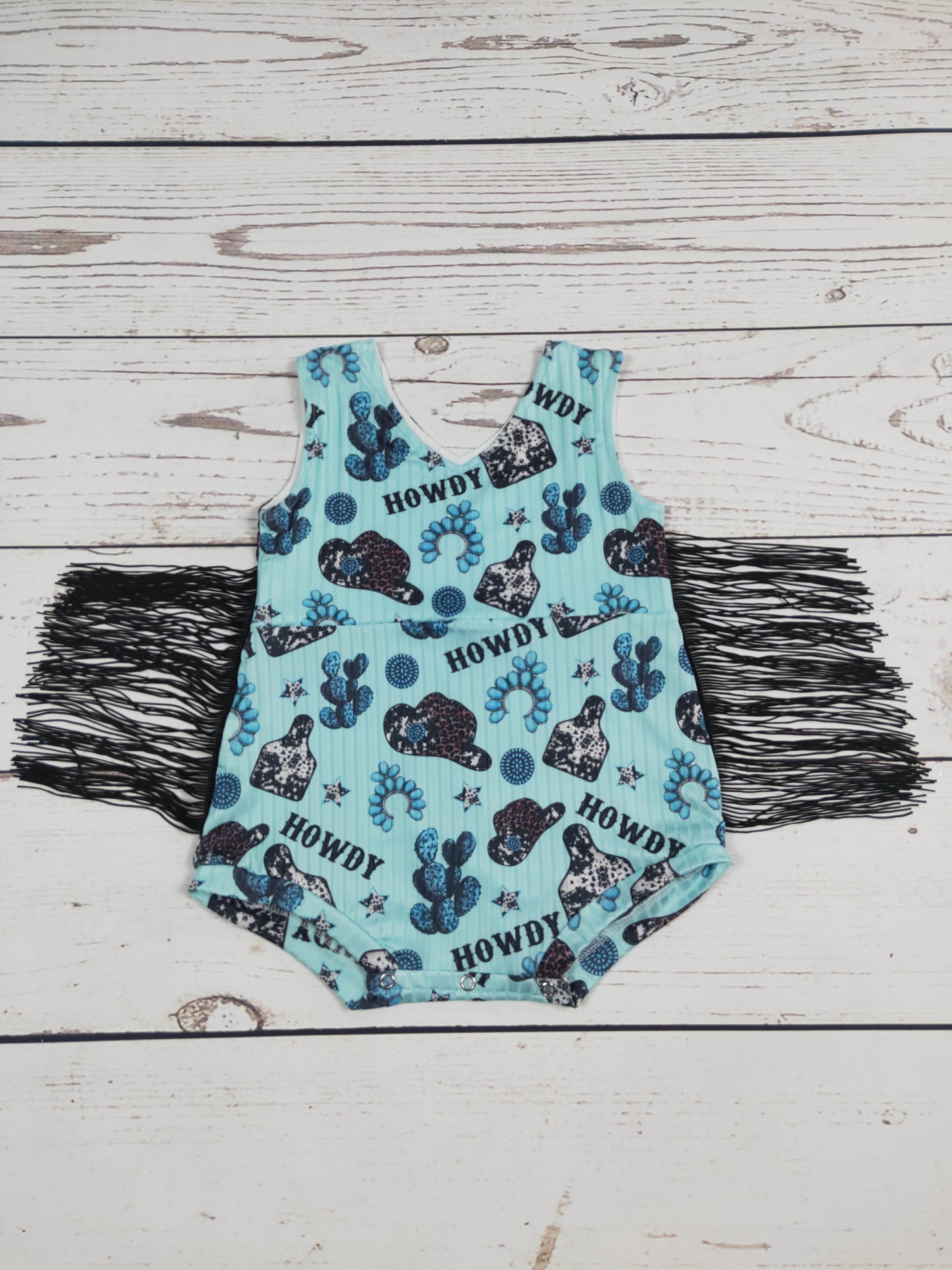 Turquoise Howdy Fringe Western baby Onesie