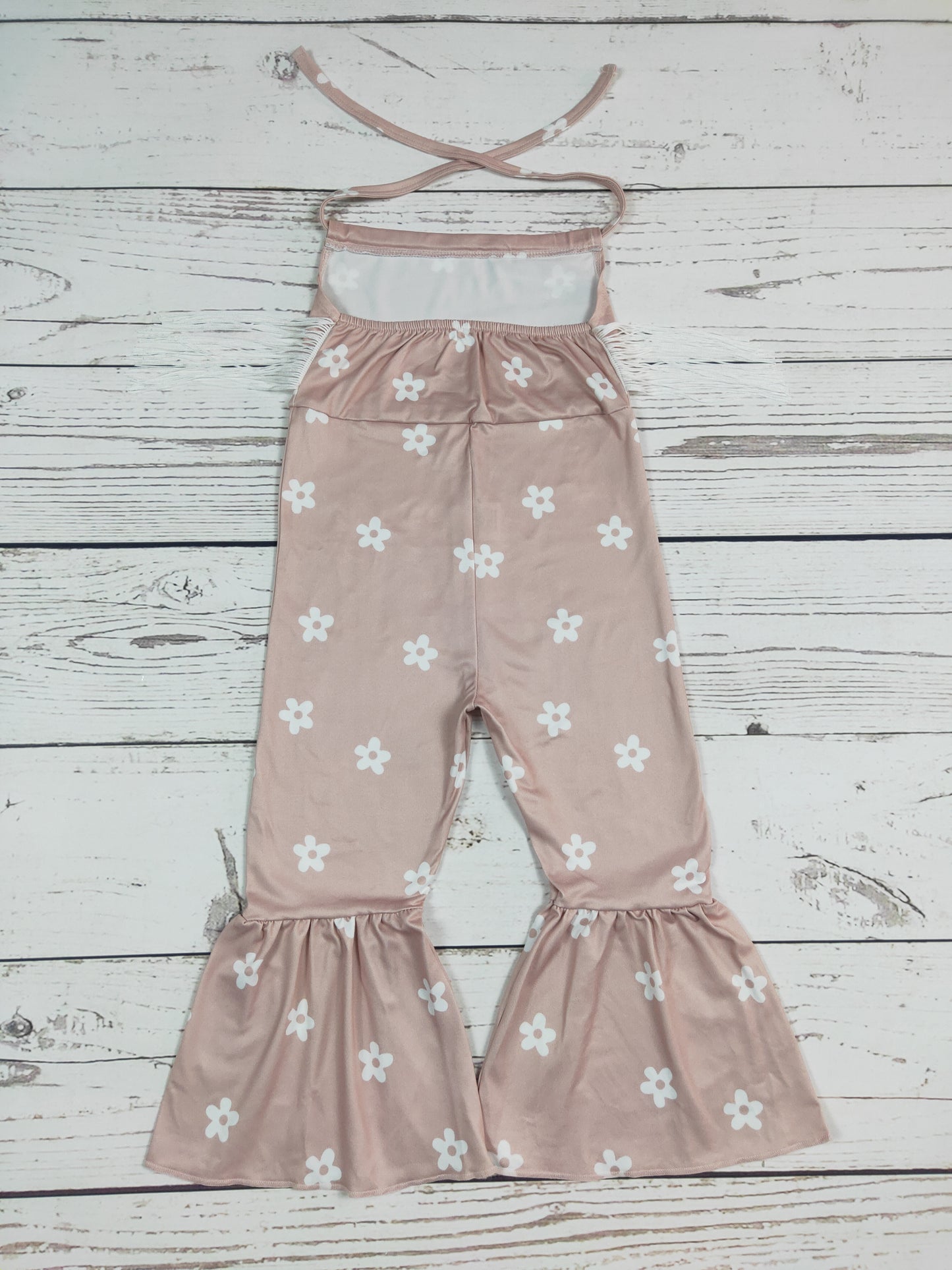 Khaki Flower Printed Fringe Girls Jumpsuit