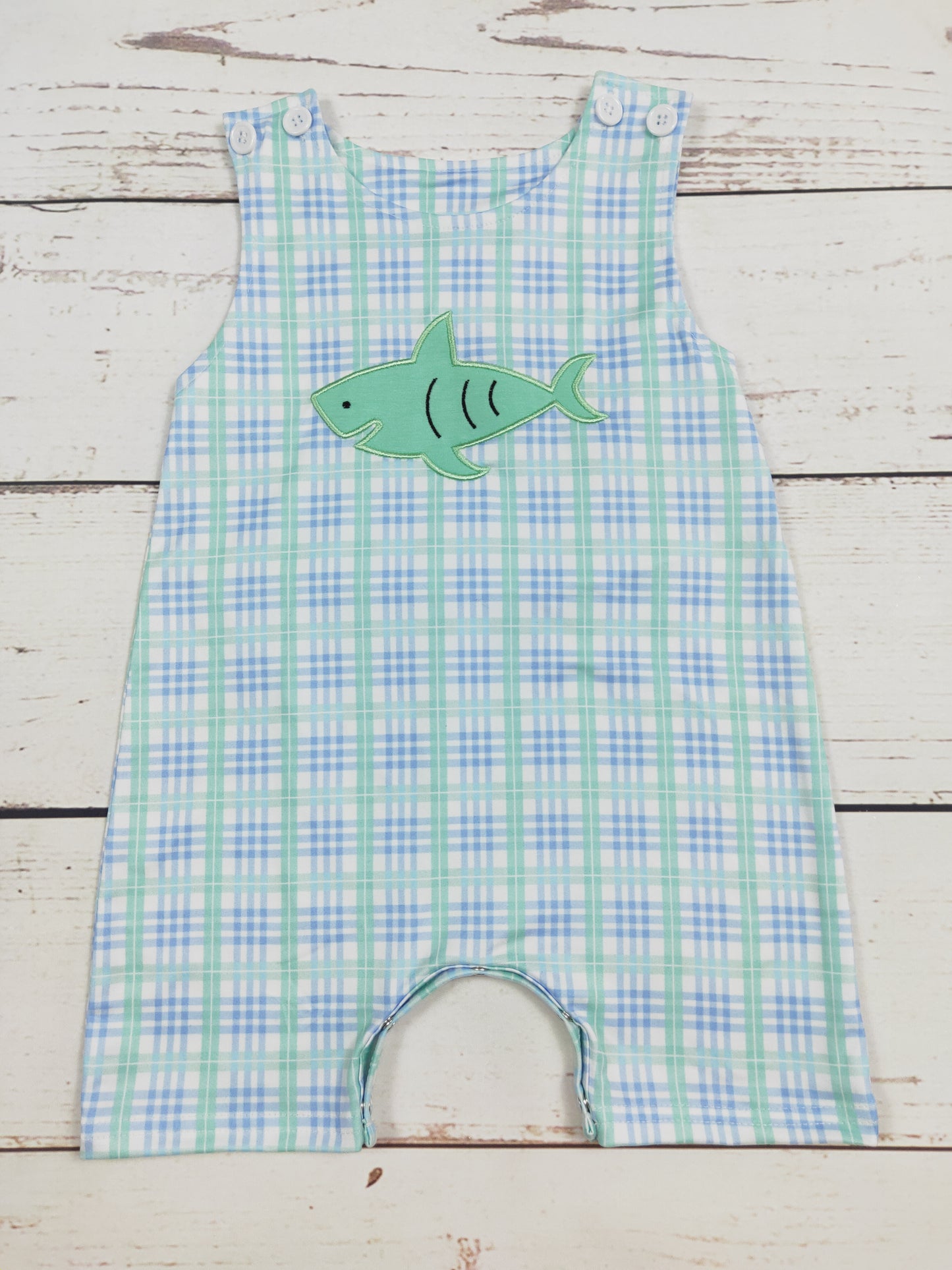 Baby Boy Shark Appliqué Checkered Romper