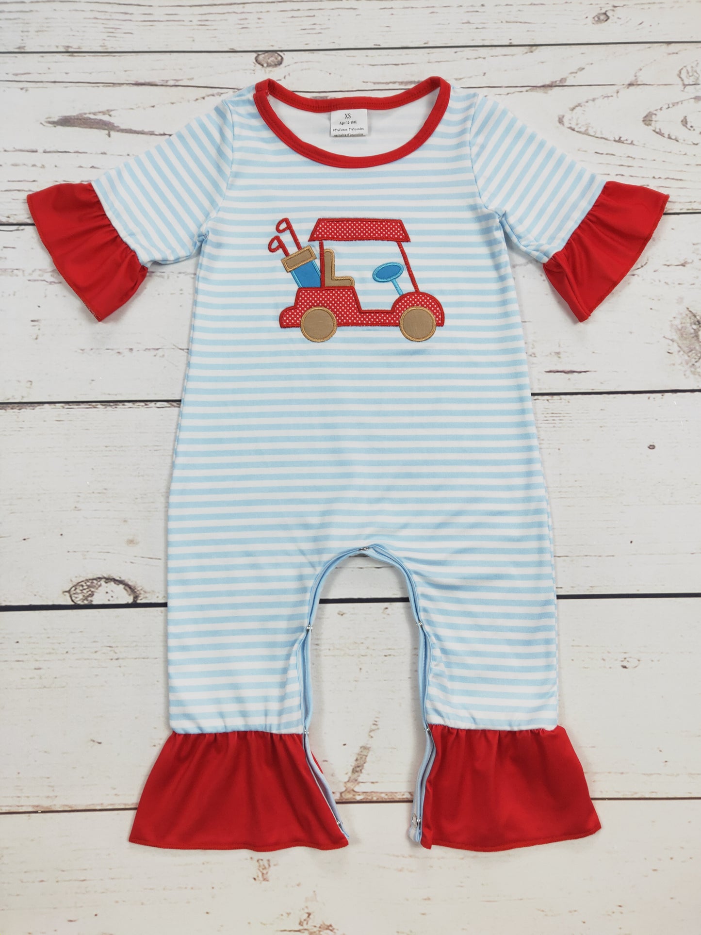 Baby Girl Golf Cart Appliqué Stripe Romper