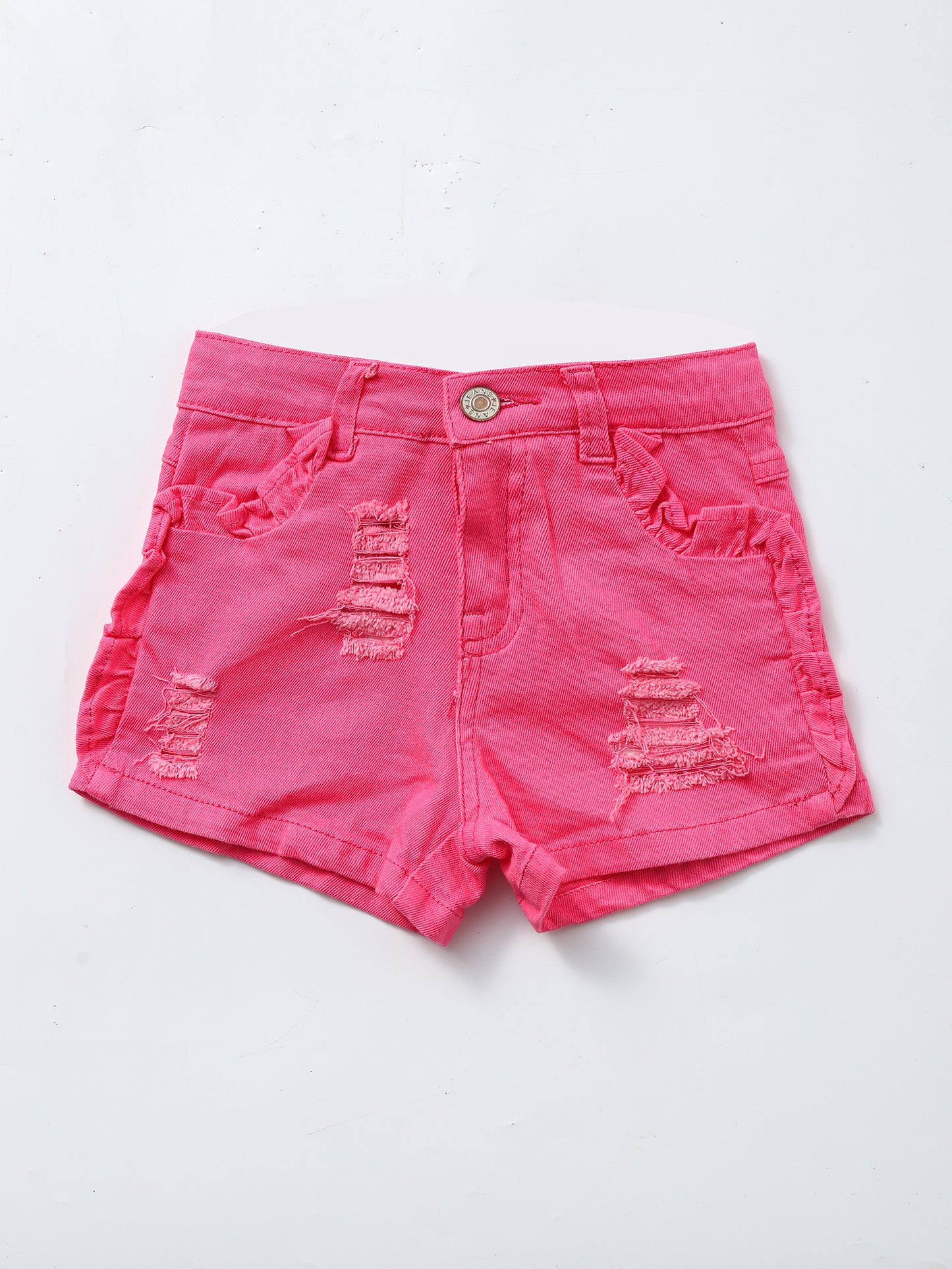 Kids Pink Distressed Ruffle Denim Shorts