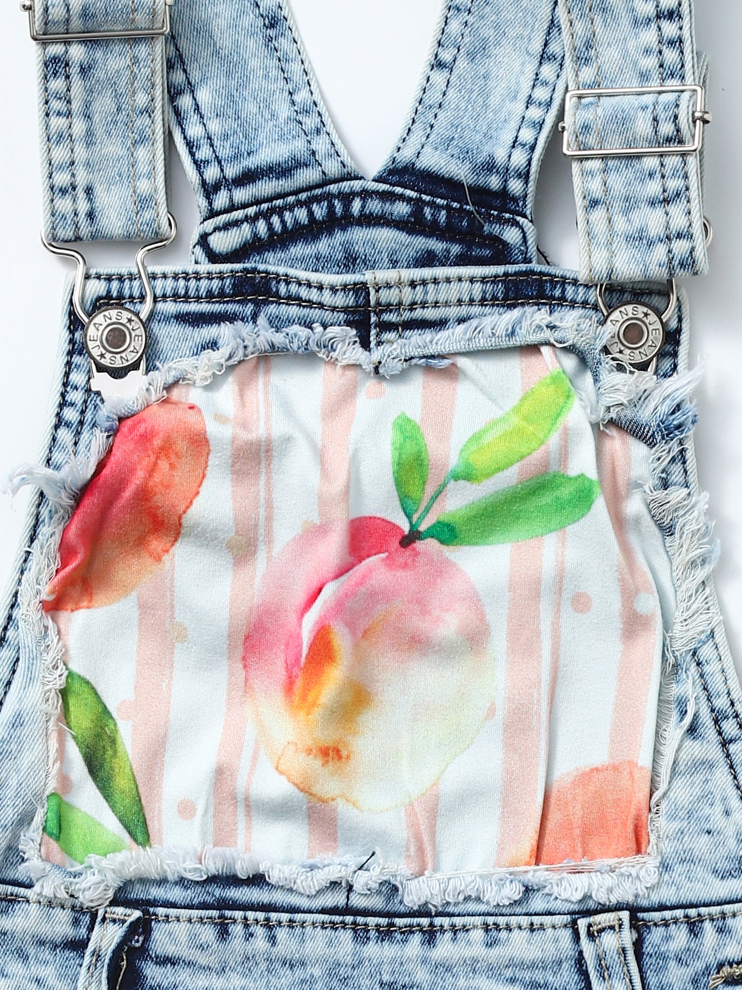 Kids Girls Peach Print Denim Short Overalls