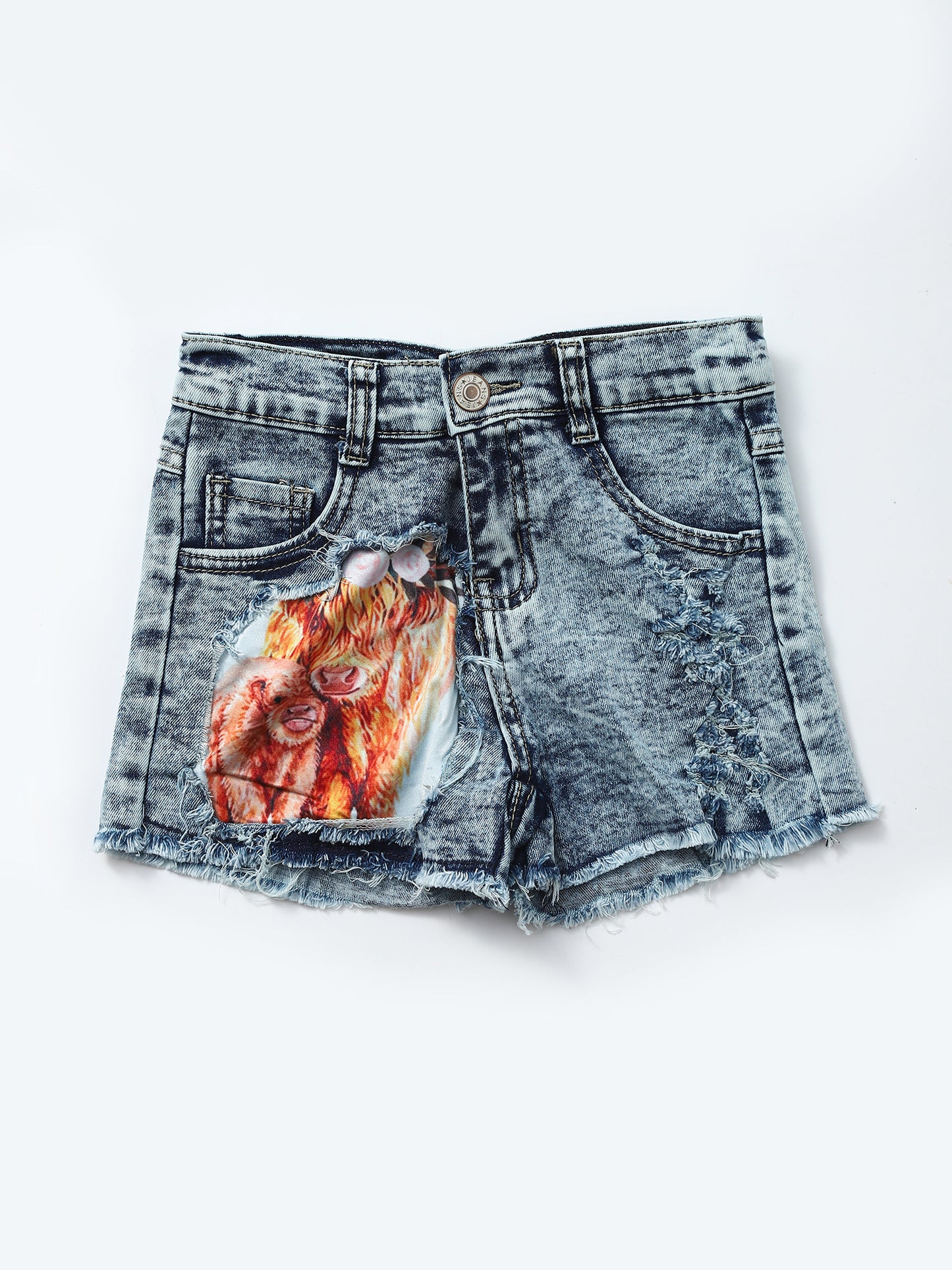 Light Wash Hem Cows Denim Shorts