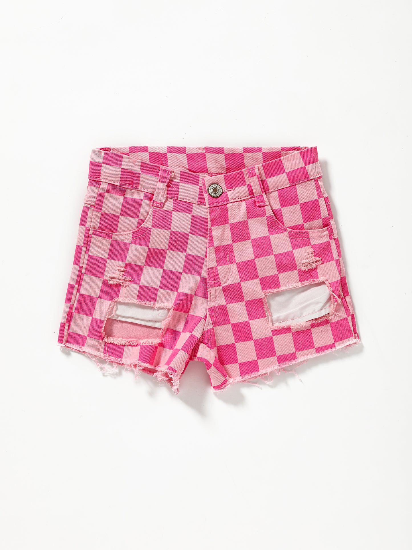 Girls Pink Checkered Denim Shorts
