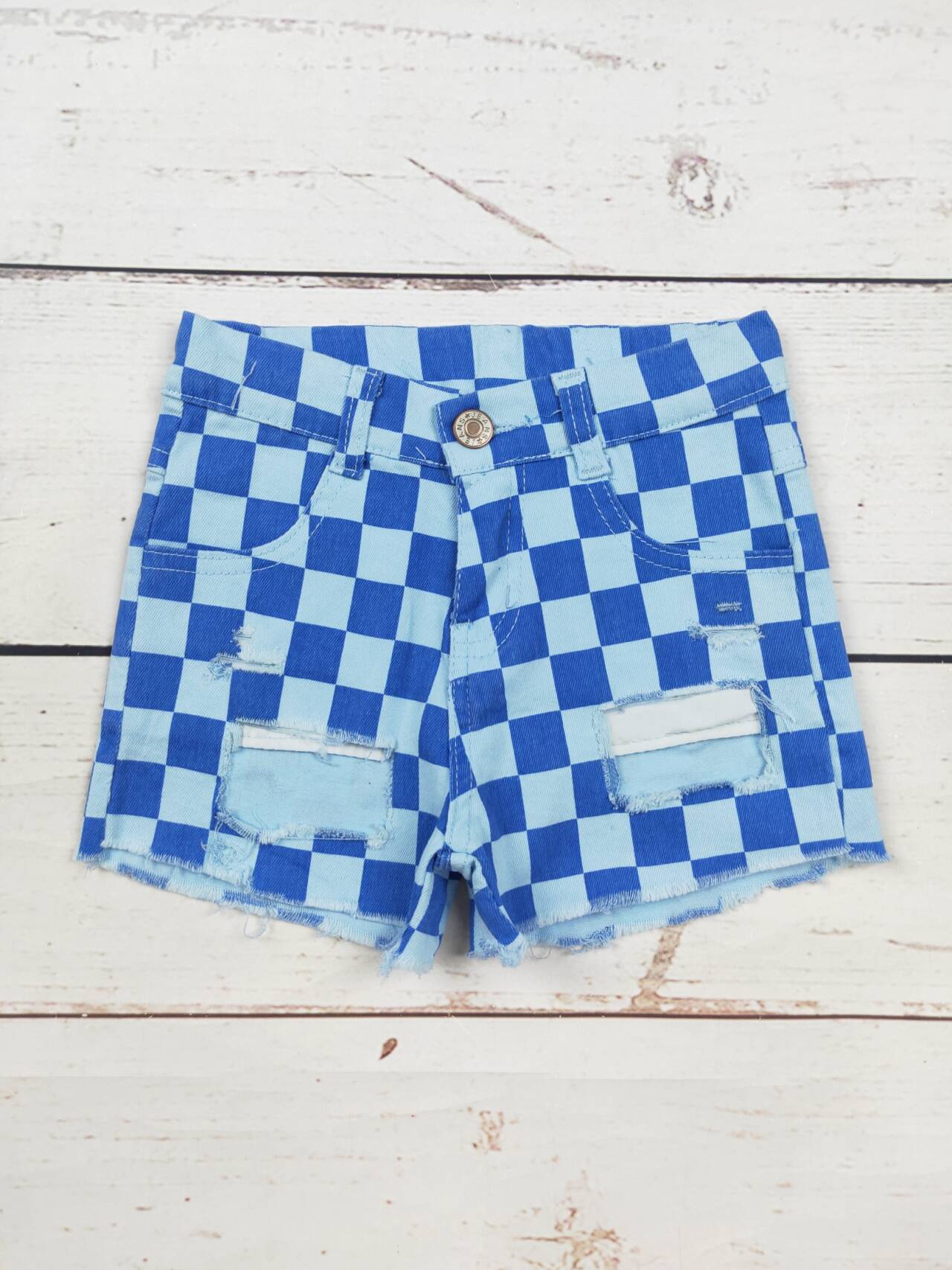 Girls Blue Checkered Denim Shorts