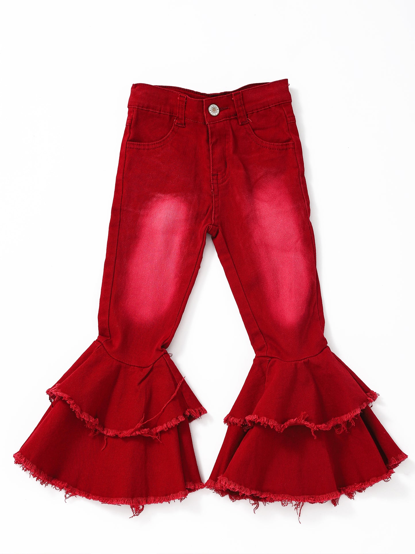 Red Washed Double Layer Girls Bell Bottom Jeans