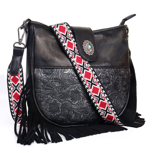 Black Flower Pattern Fringe Crossbody Shoulder Bag