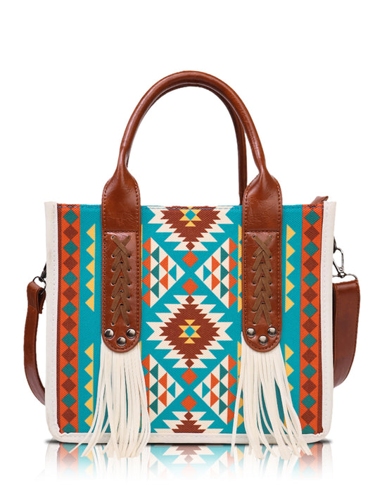 White Fringe Aztec Western Tote Bag