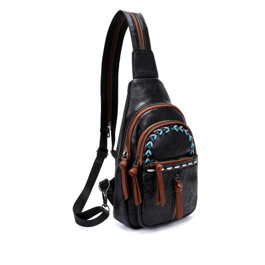 Black Multi Pockets Western Sling Bag