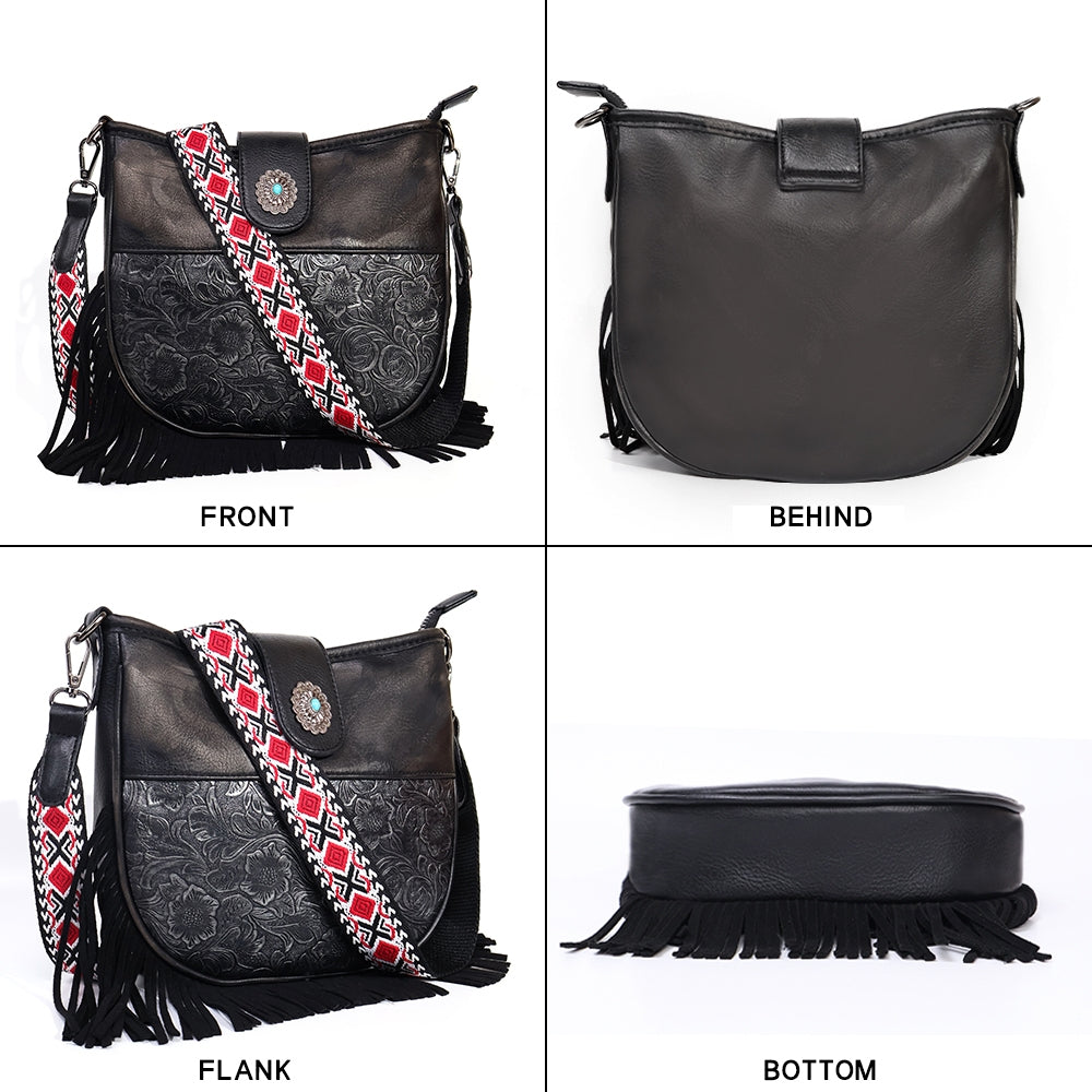 Black Flower Pattern Fringe Crossbody Shoulder Bag