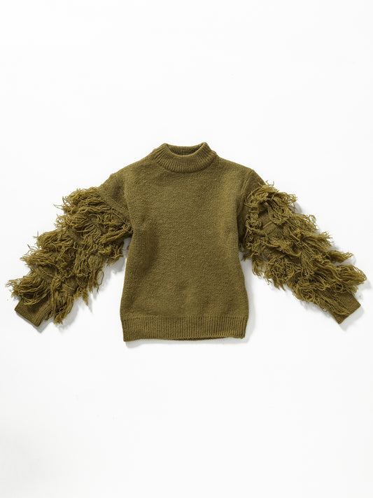 Girls Olive Fringe Sweater