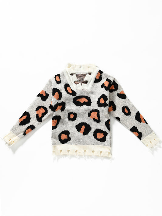 Girls Beige Distressed Hem Cheetah Sweater