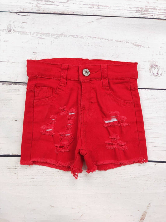 Girls Red Distressed Denim Shorts