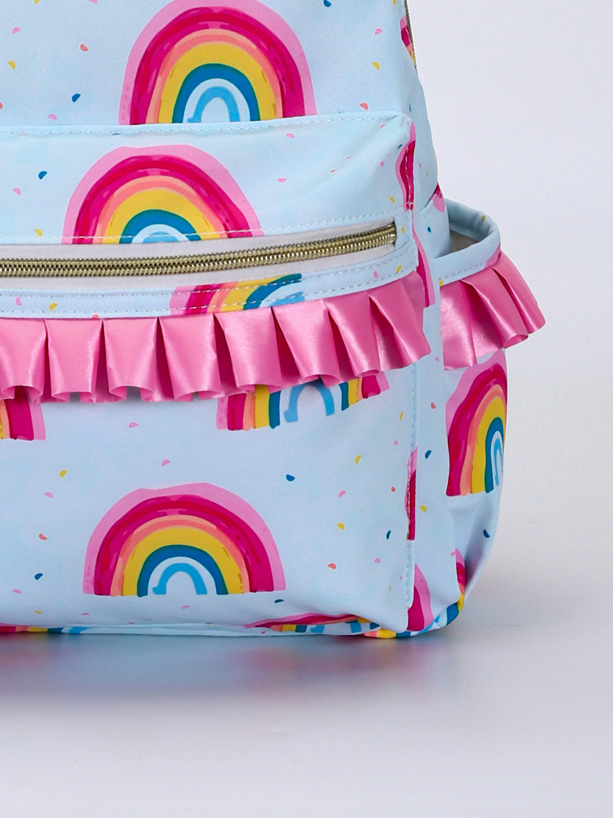 Pink Ruffle Mini Backpack Pink Ruffle Rainbow Printed Backpack – Sassy kids palace