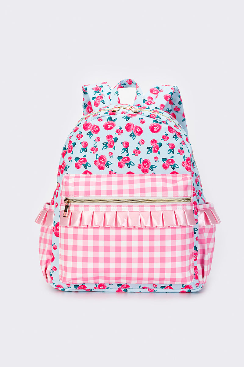 Pink Checkered Ruffle Flower Printed Backpack