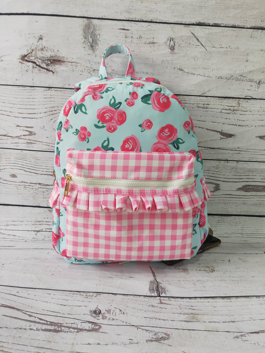 Pink Checkered Ruffle Flower Printed Backpack
