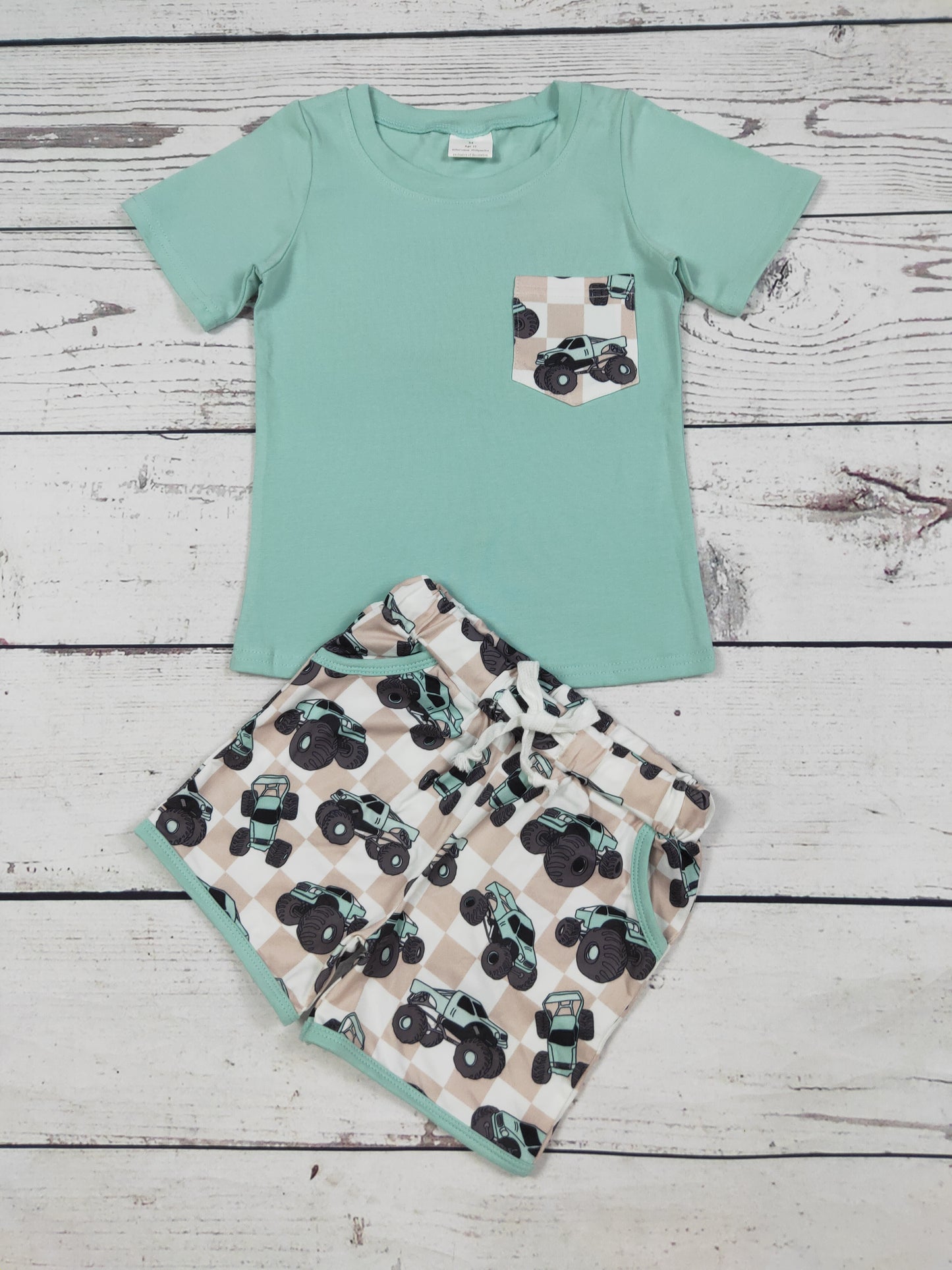 Baby Boy Gingham Trucks Printed Top Shorts Set