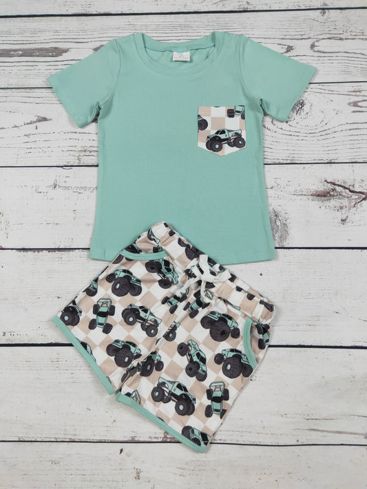 Baby Boy Gingham Trucks Printed Top Shorts Set