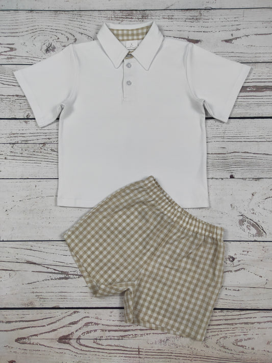 Baby Boy White Top & Khaki Gingham Shorts Set
