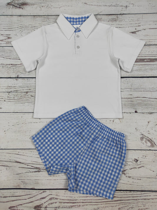 Baby Boy White Top & Blue Gingham Shorts Set