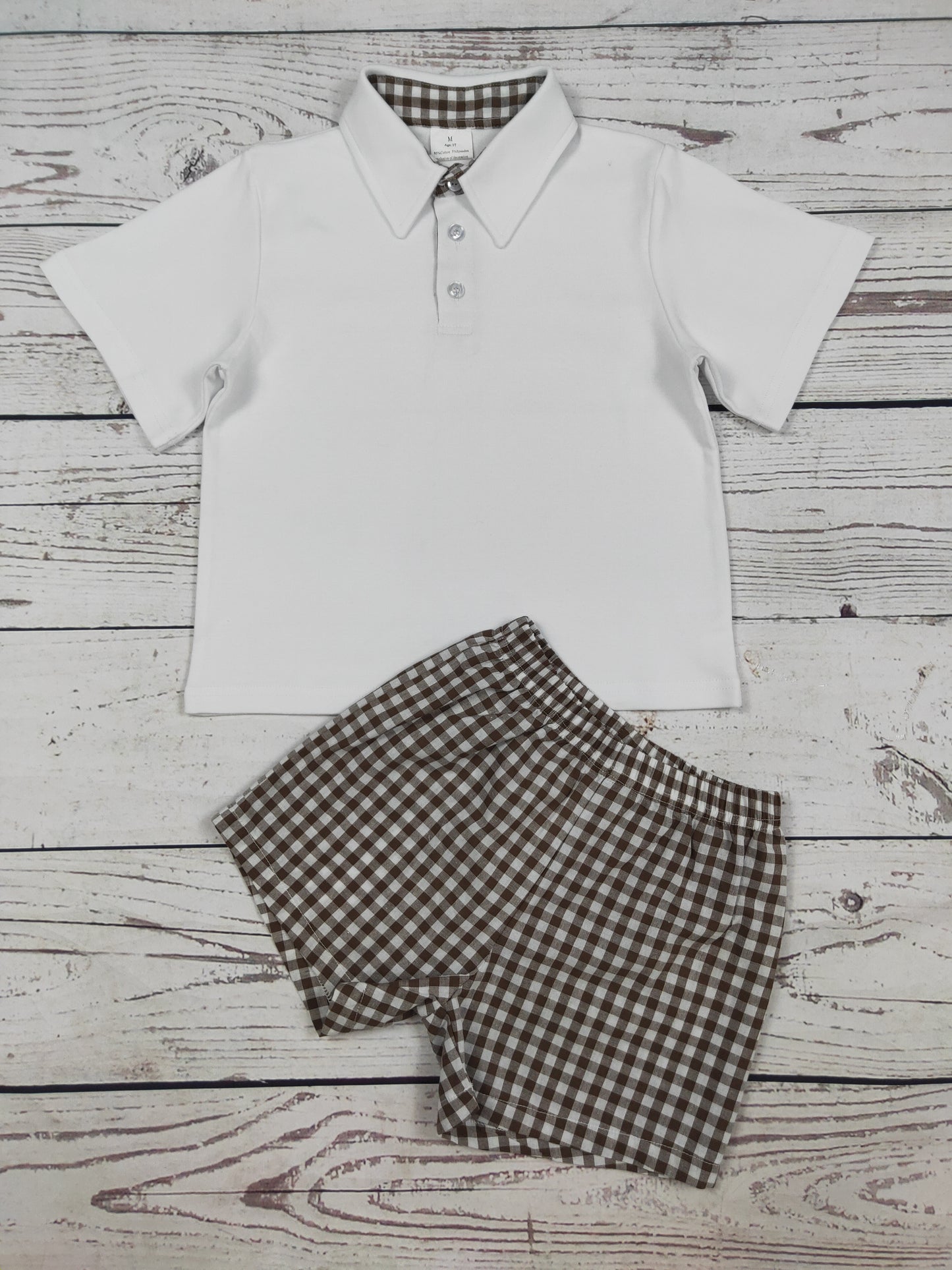 Baby Boy White Top & Brown Gingham Shorts Set