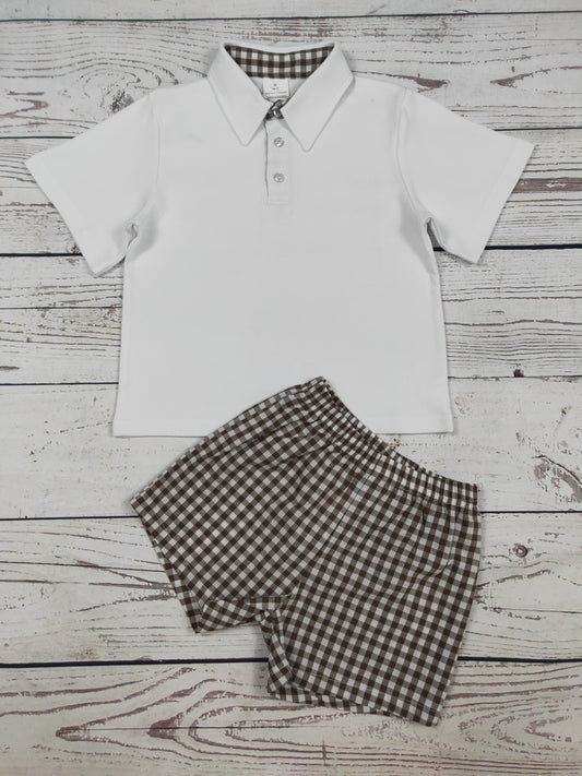 Baby Boy White Top & Brown Gingham Shorts Set