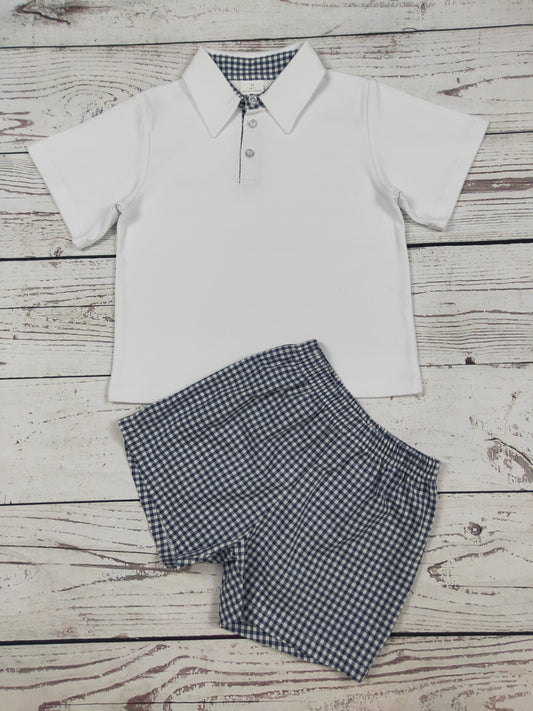 Baby Boy White Top & Navy Gingham Shorts Set