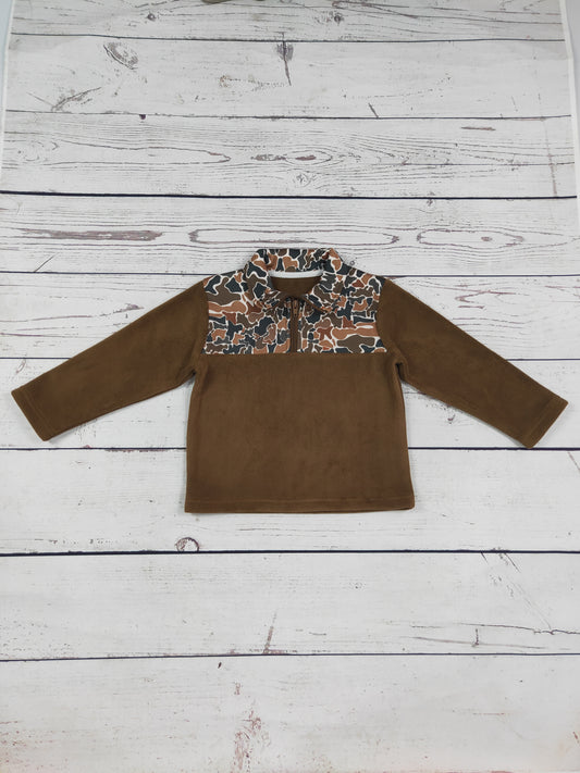 Kids Boys Brown Camo Printed Zip Pullover