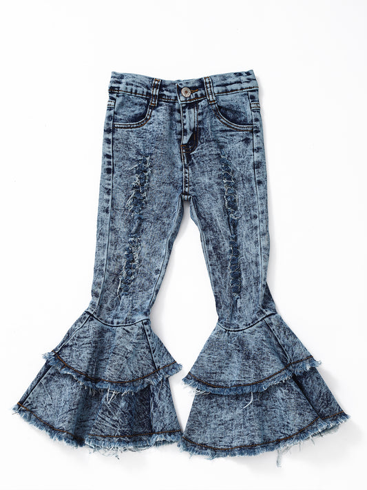 Washed Distressed Double Layer Girls Jeans