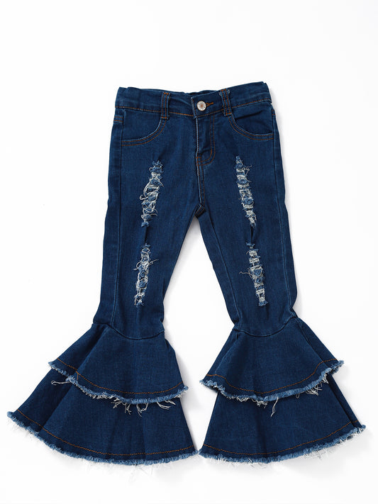 Blue Distressed Double Layer Girls Jeans