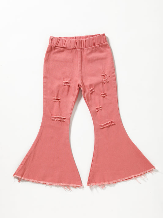 Pink Distressed Girls Flare Jeans