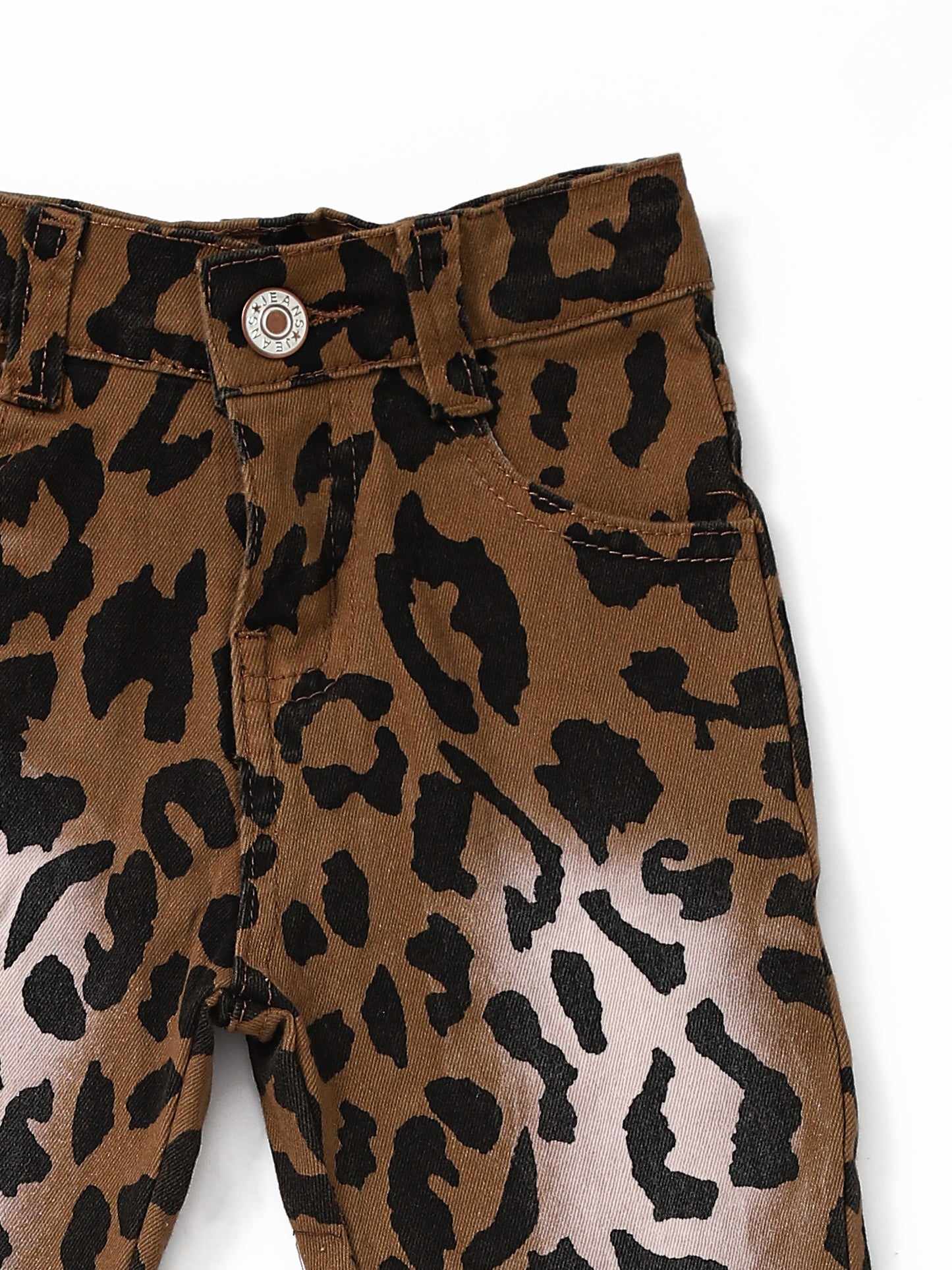 Washed Leopard Double Layer Girls Jeans