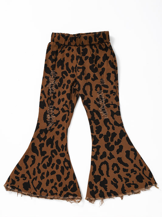Elastic Waist Distressed Leopard Girls Jeans