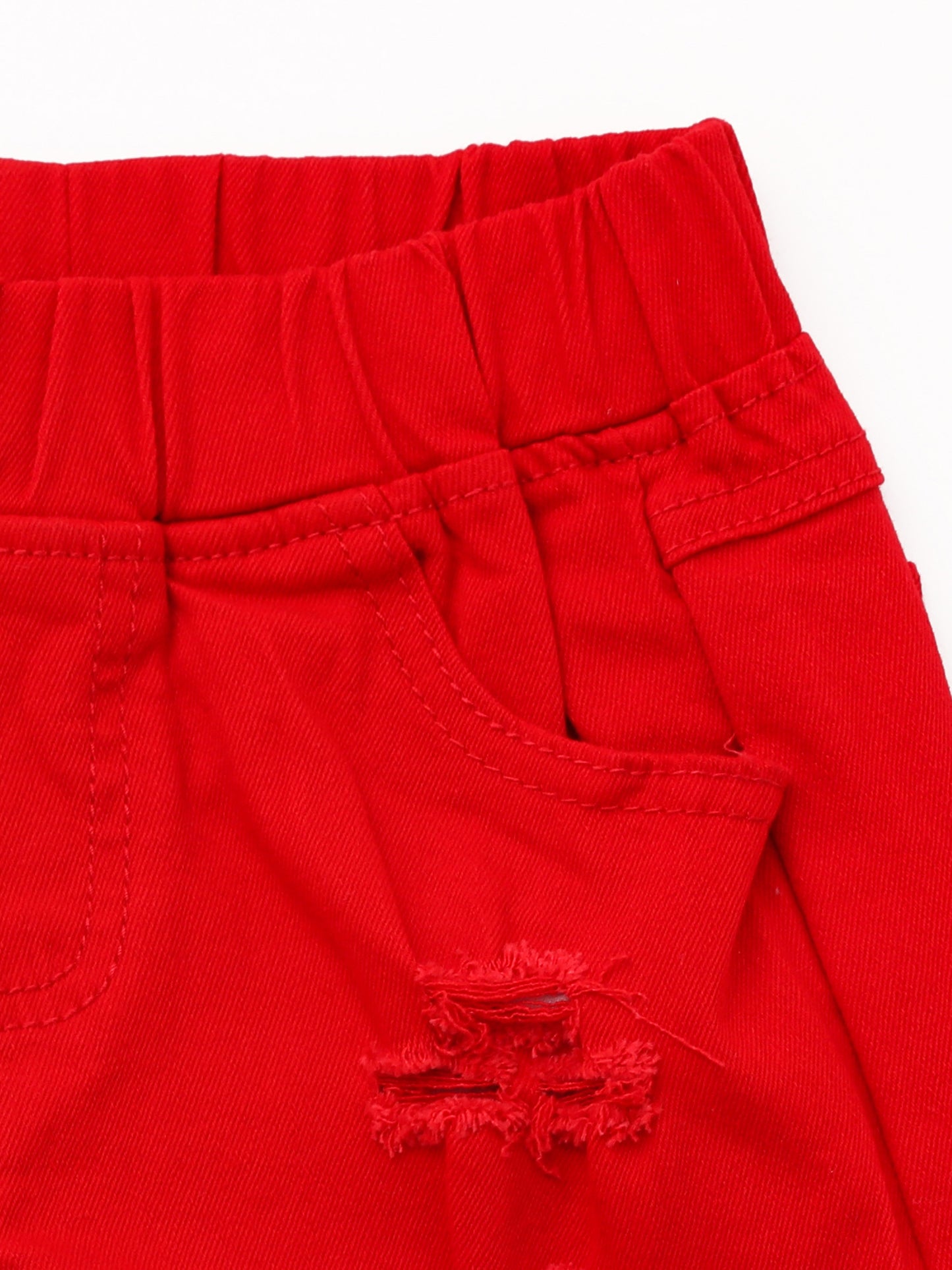 Girls Distressed Red Denim Shorts