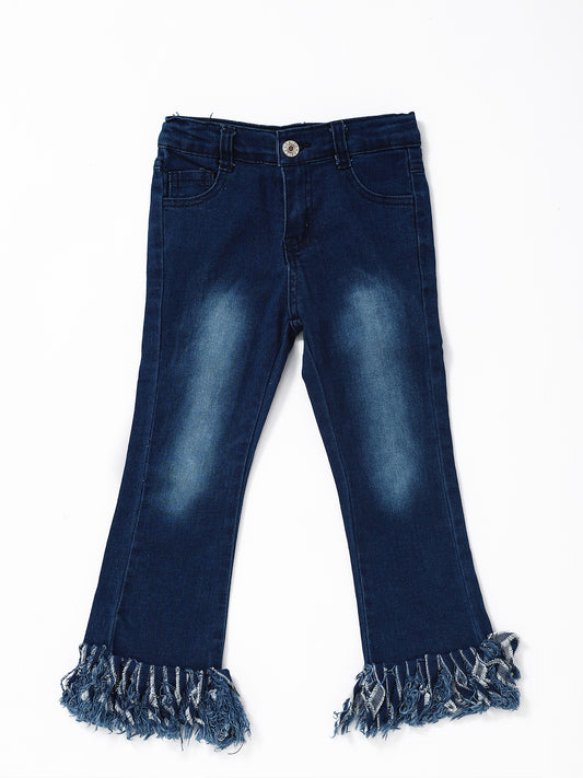 Blue Washed Fringe Girls Jeans