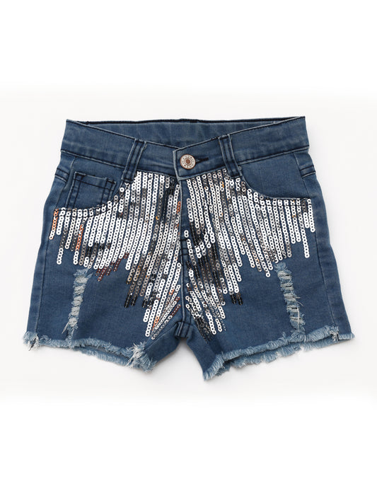 Kids Distressed Denim Shorts With Sequin