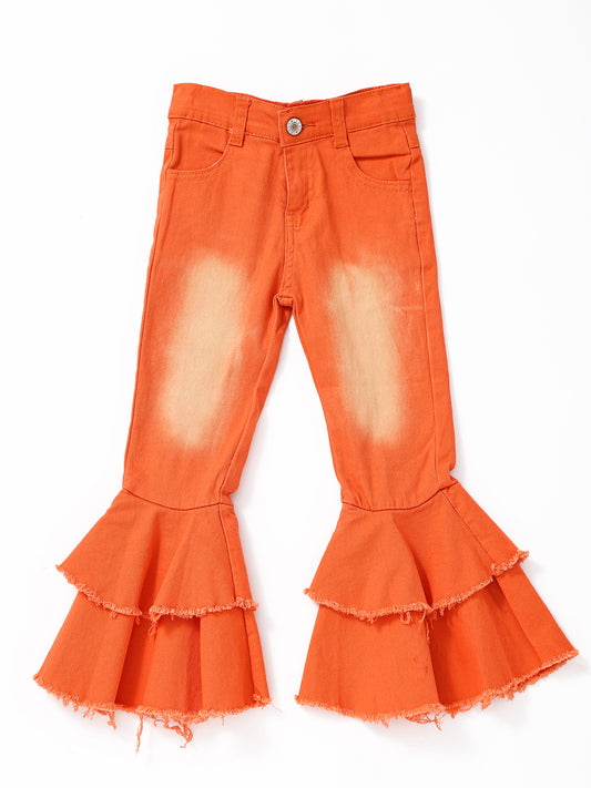 Orange Washed Double Layer Girls Jeans