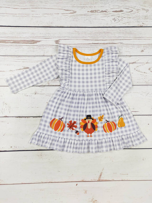 Girls Checkered Turkey Printed Thanksgiving Dress