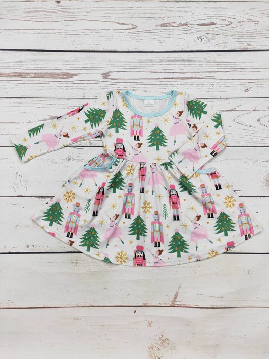 Girls Christmas Tree Printed  Dress With Pockets