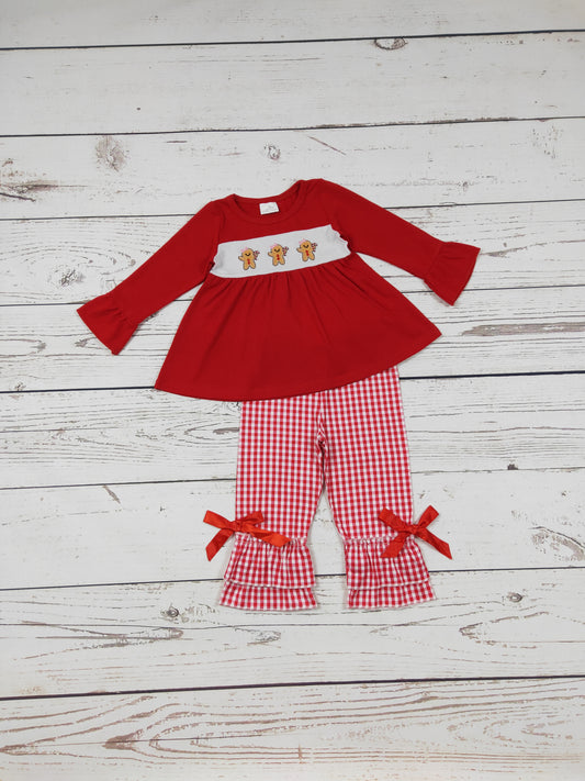 Girls Red Gingerbread Embroidery Christmas Top Pants Set