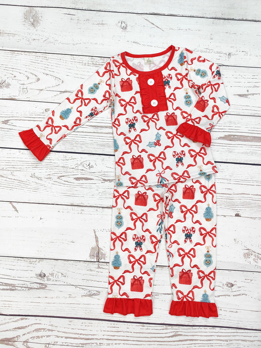 Girls Bamboo Bow Print Christmas Sleepwear