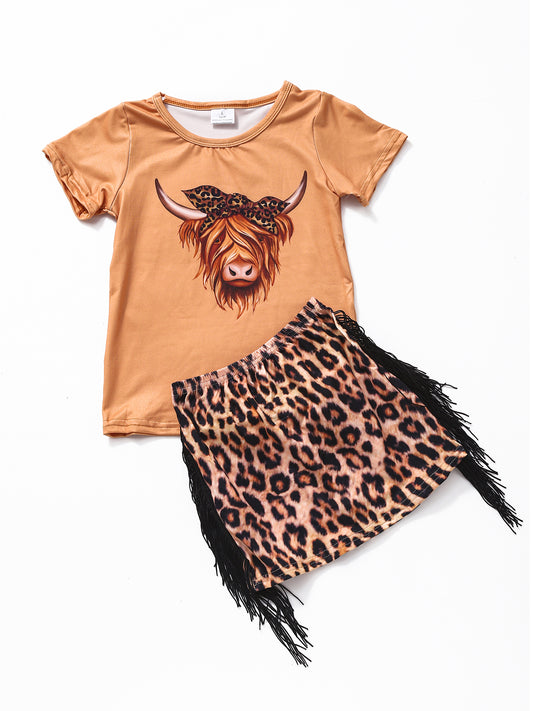 Cows Printed Cheetah Fringe Skirt 2 Pcs Set