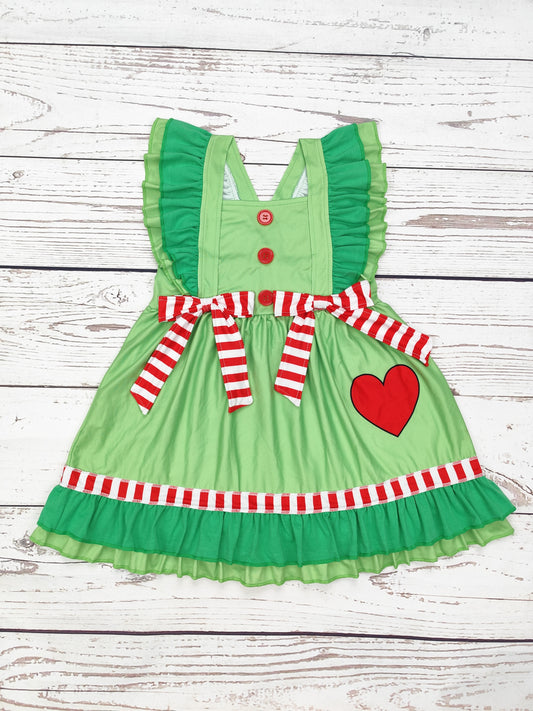 Baby Girl Green Christmas Dress with Heart Print