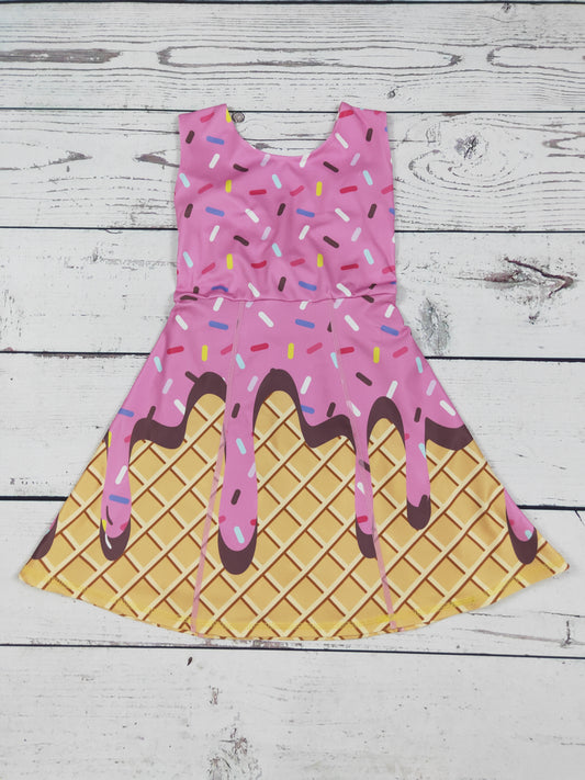 Pink Ice Cream Drip Print Girls Athletic Dresses