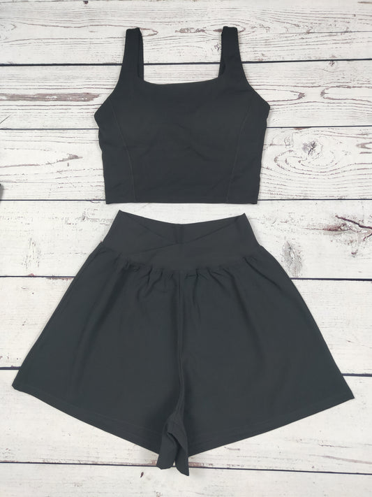 Women Black Crop Top Shorts 2 Pieces Activewear