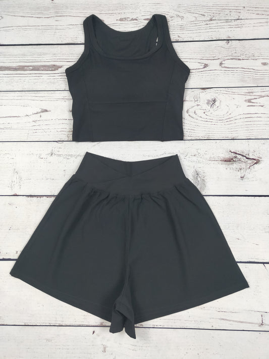 Women Black Cropped Tank Shorts Sports Set