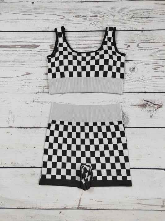 Black Gingham Women Seamless Bra Shorts Active Set