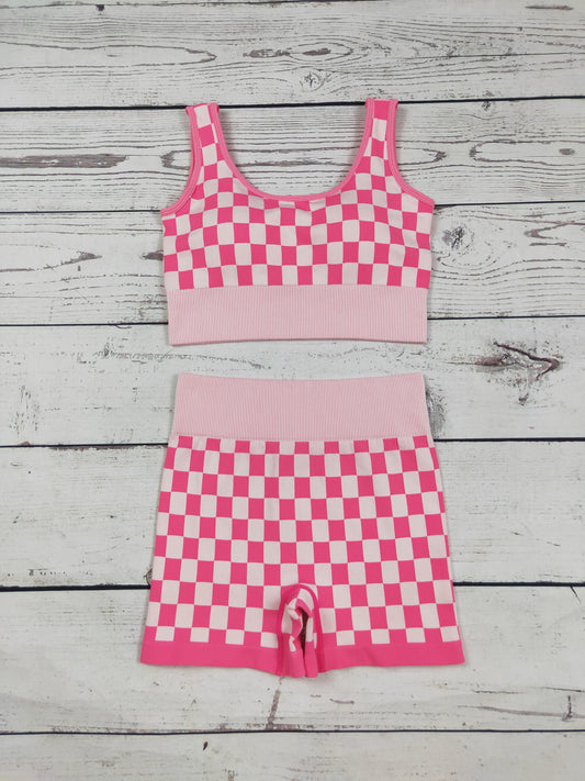 Pink Gingham Women Seamless Bra Shorts Active Set