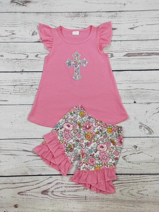 Cross Appliqué Girls Easter Shorts Set