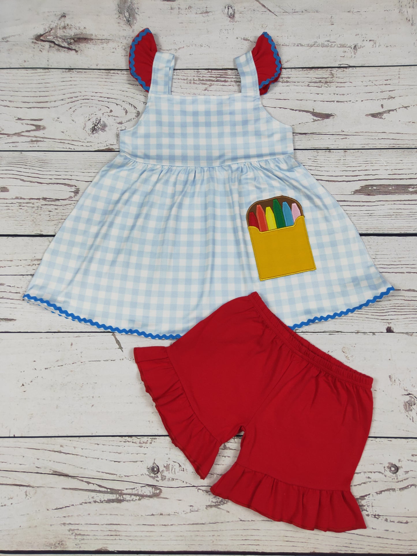 Crayon Appliqué Girls Back To School Shorts Set